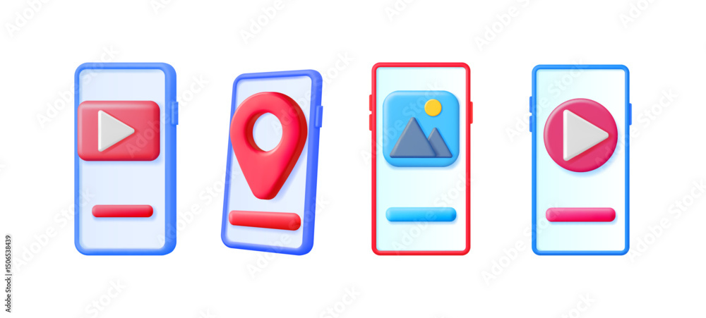 Poster digital smartphone screens displaying various app icons like video player, location pin, and image g