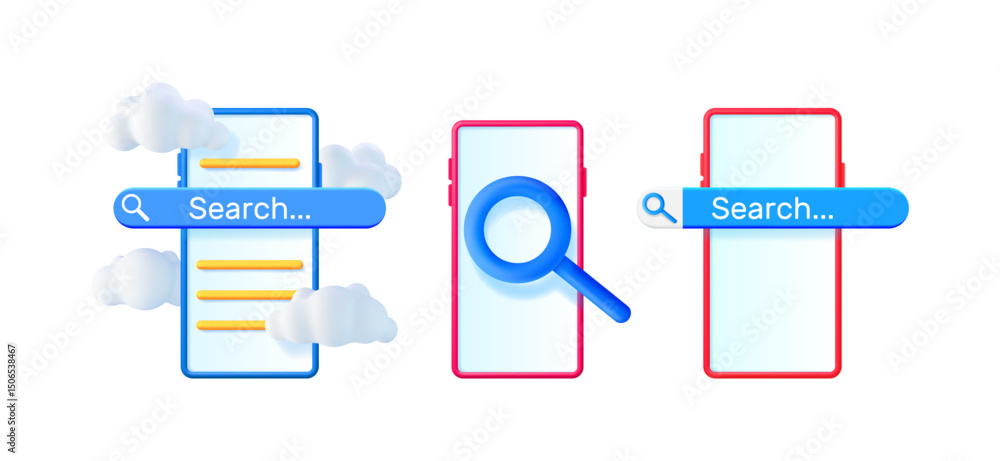 Aufkleber three smartphone search bars in 3d vector format, featuring cloud storage and online web searching c