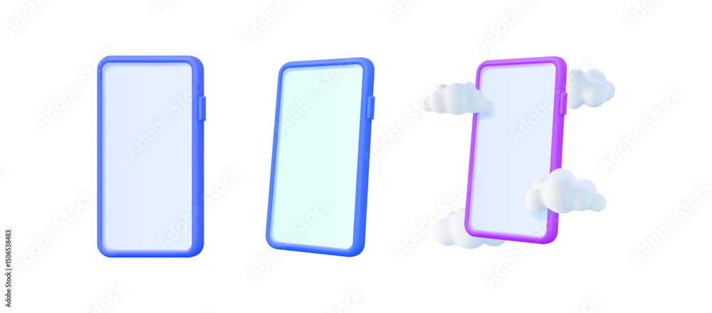 Aufkleber three 3d smart phone mockups. empty smart phone screen with cloud icon. mobile phone with empty scre