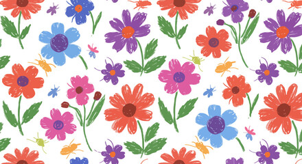 Playful Floral Crayon Drawing Seamless Pattern