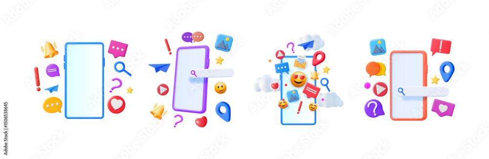 Poster mobile phone with social media 3d icons set. digital communication on smartphone concept for app des