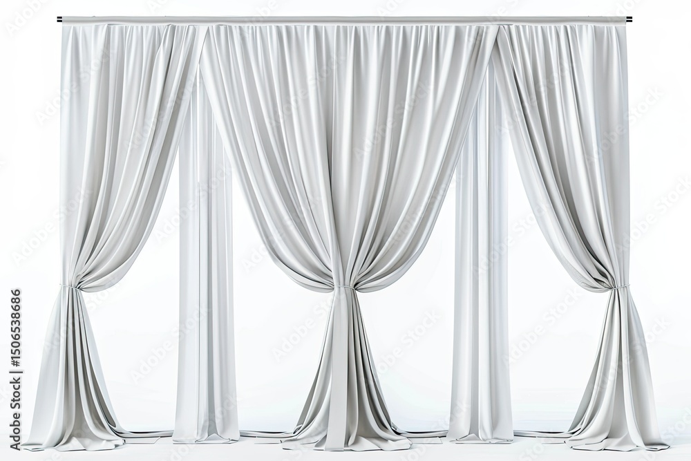 Poster elegant white curtains draping gracefully, creating a soft and inviting atmosphere. on white backgro