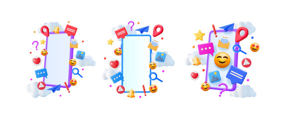 Set of three mobile phones with social media icons and empty screens for text. Communication and online network concept.