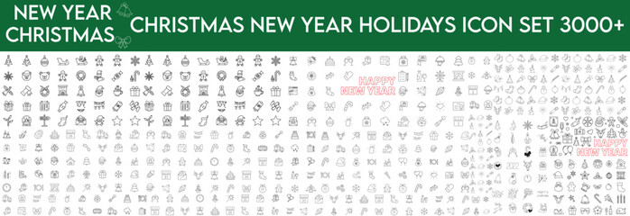 Christmas line web 3000 icons set on white background