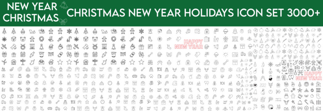 Christmas line web 3000 icons set on white background