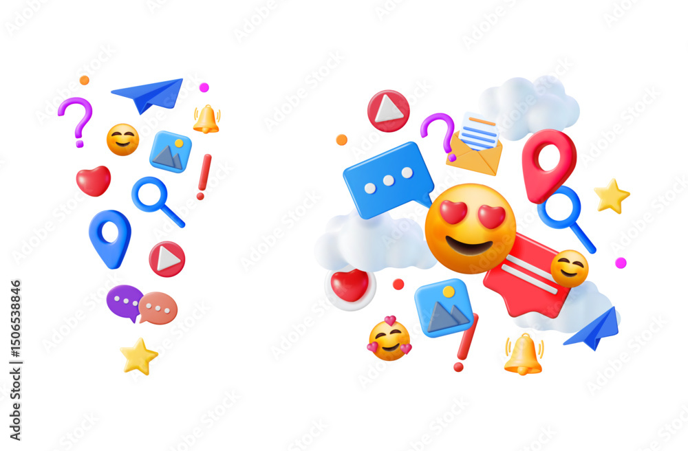 Poster social media notification icons and emojis floating on white background. digital message and interne