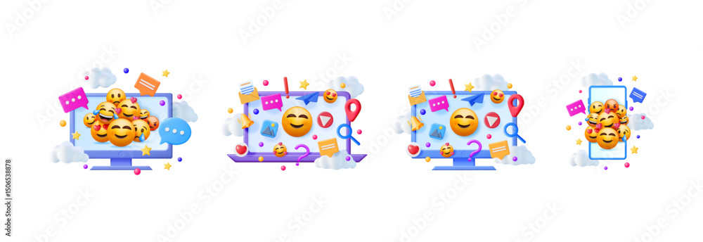 Poster 3d vector social media set with various emojis and network icons on computer monitor and smartphone 