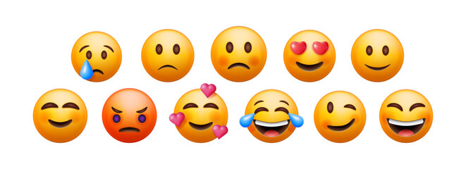 Obraz premium Set of diverse 3d emoji emoticons expressing various emotions. Yellow smileys for app, web design, and social media communication.