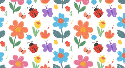 Whimsical Floral and Insect Pattern: Cheerful and Colorful
