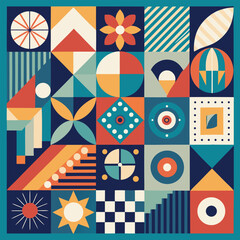 Geometric pattern vector background with Scandinavian abstract color or Swiss geometry prints of rectangles, squares and circles shape design