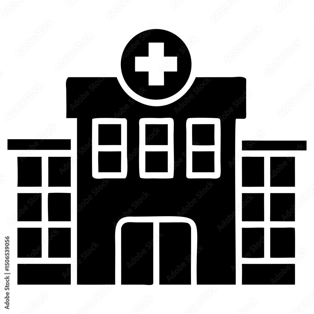 Poster illustration of a hospital building with a cross on top and multiple windows on transparent backgrou
