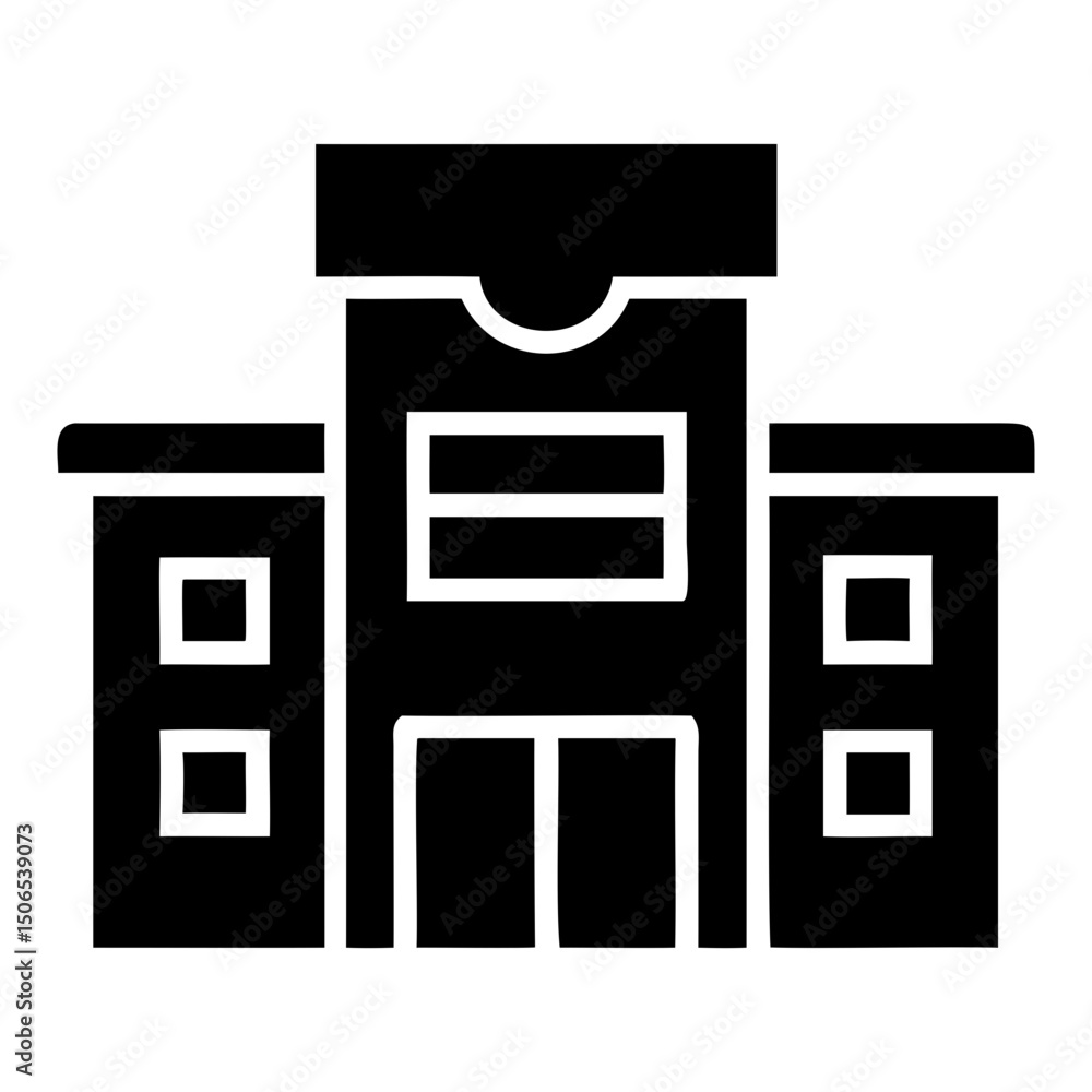 Poster iconic representation of a building facade with symmetrical design elements shown on transparent bac