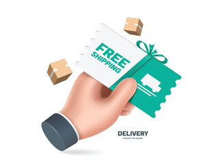 Left hand holds green-white free shipping promotion sign or tag label tied with a green ribbon as gift to customers who use shipping service and online shopping, vector 3d isolated for advertising