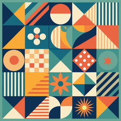 Geometric pattern vector background with Scandinavian abstract color or Swiss geometry prints of rectangles, squares and circles shape design