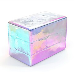 A shiny, iridescent block resembling a piece of ice or crystal. on white background