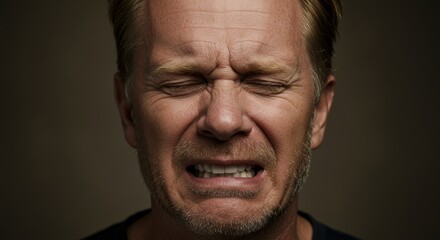 Emotional portrait of a man expressing deep sorrow in a dimly lit setting