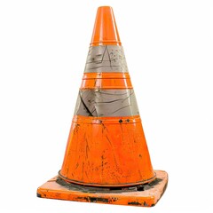 A weathered orange traffic cone with gray stripes, used for road safety and traffic management. on white background