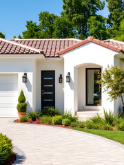Modern white house with tile roof and paver driveway exhibiting curb appeal