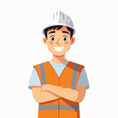 Young Cartoon Construction Worker in Safety Gear with Arms Crossed