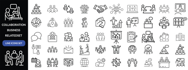 Collaboration icon set. Business related line icons teamwork, meeting, partnership, work group, business people, conference, presentation and more. Editable stroke. Vector illustration design 