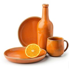 A collection of orange ceramic dinnerware with an orange slice for a vibrant dining setting. on white background