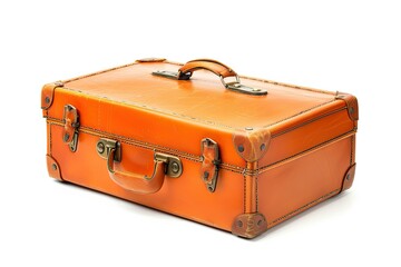 A vintage orange suitcase with a handle, ideal for travel and storage. on white background
