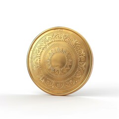 A gold coin featuring intricate designs and a sun motif, symbolizing wealth or currency. on white background
