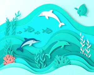 Origami ocean scene made from folded paper featuring waves sea creatures like dolphins whales fish and coral minimalistic geometric design calm and elegant aesthetic