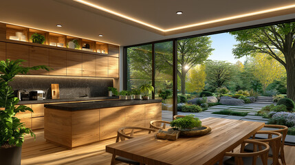Elegant Kitchen Interior with Nature View: Modern kitchen showcases a harmonious blend of contemporary design with panoramic views, featuring a spacious island, wooden furniture.