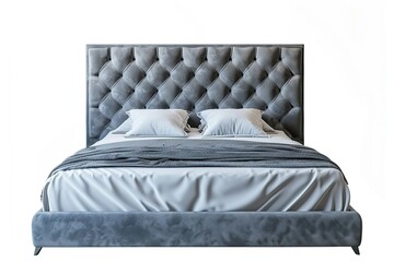 A stylish, modern bed with a tufted headboard and soft bedding, ideal for a comfortable bedroom. on white background
