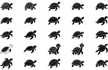 Fototapeta premium Collection of black and white turtle cartoon illustrations depicting various poses and expressions on a white background