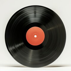 A black vinyl record with a central orange label, symbolizing music and nostalgia. on white background