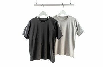 Two t-shirts hanging on a rack, one black and one gray, showcasing casual apparel. on white background