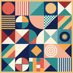 Geometric pattern vector background with Scandinavian abstract color or Swiss geometry prints of rectangles, squares and circles shape design