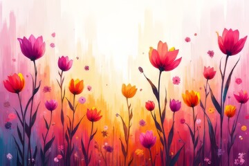 Obraz premium Vibrant Floral Painting of Tulips and Wildflowers in Sunset Hues