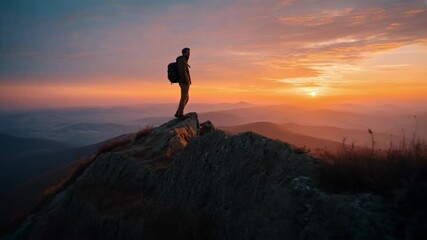 Backpacker silhouette standing on a rocky mountain peak observing the vibrant orange sunrise over the rolling hills landscape - Powered by Adobe