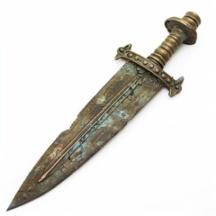 An ancient bronze dagger with intricate detailing and a weathered blade. on white background