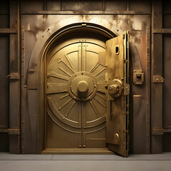 A rusty gold vault door opens to reveal stacks of gleaming gold bars, symbolizing wealth, security, and hidden treasure.