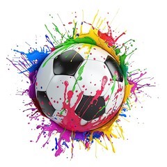 A colorful soccer ball surrounded by vibrant paint splashes, symbolizing sports and creativity. on white background
