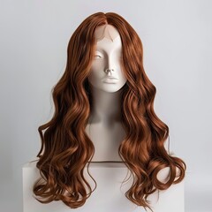 A mannequin head displaying long, wavy, auburn hair. on white background