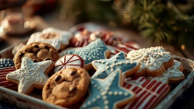 Assorted festive cookies on tray