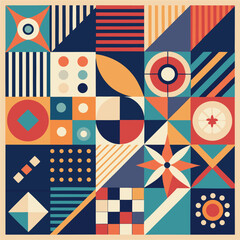 Geometric pattern vector background with Scandinavian abstract color or Swiss geometry prints of rectangles, squares and circles shape design