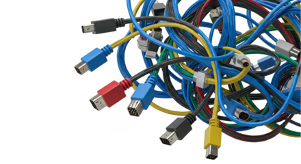Isolated tangled cables with various colors on black background illustration