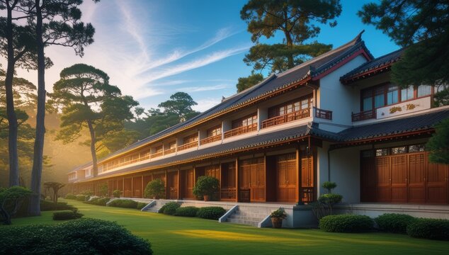Elegant Asian architecture and serene landscape combine for a tranquil scene - Powered by Adobe