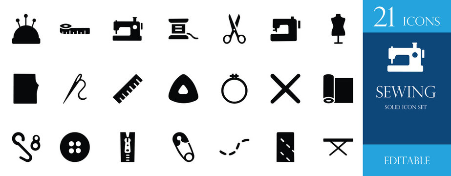 A clean, solid black sewing icon set featuring thread, needle, spool, scissors, machine, pattern, embroidery, and tailoring tools. Perfect for fashion design