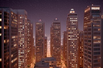 Fototapeta premium A night scene of a financial district with vacant offices