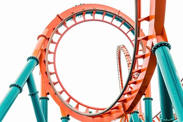 A close-up view of a colorful roller coaster loop, showcasing thrilling amusement park design. on white background