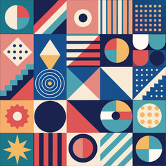 Geometric pattern vector background with Scandinavian abstract color or Swiss geometry prints of rectangles, squares and circles shape design