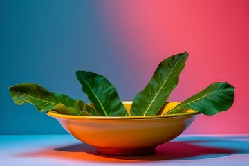 Vibrant Green Leaves in a Sunny Yellow Bowl Against a Gradient Background