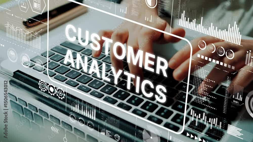 Poster hands typing on keyboard with overlay of customer analytics data visualization graphics. asymptotic 